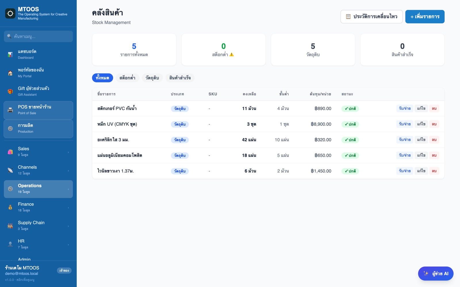 หน้าคลังวัตถุดิบจริงของ MTO OS — จำนวนคงเหลือ ขั้นต่ำ ต้นทุนต่อหน่วย
